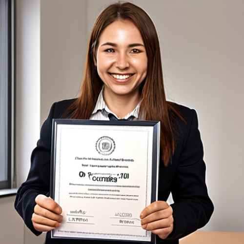 Home 26 ** ITIL Framework. An office worker is smiling and holding a certificate after completing an ITIL course, the atmosphere is warm and celebratory.
**
