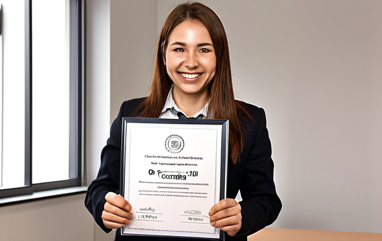 ** ITIL Framework. An office worker is smiling and holding a certificate after completing an ITIL course, the atmosphere is warm and celebratory.

**