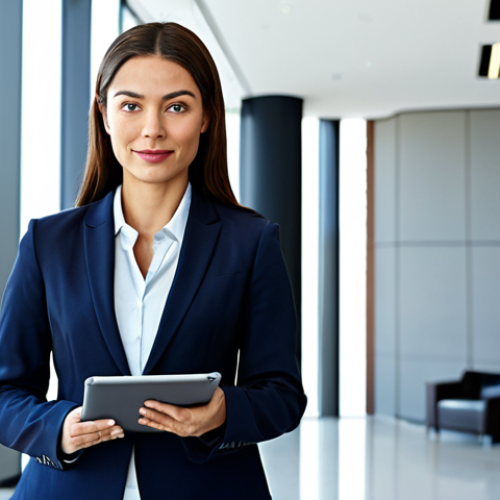 Home 13 **Prompt:** A professional businesswoman in a modest business suit, standing in a modern office building lobby, holding a tablet, looking confidently at the camera, fully clothed, appropriate attire, safe for work, perfect anatomy, natural proportions, professional photography, high quality.