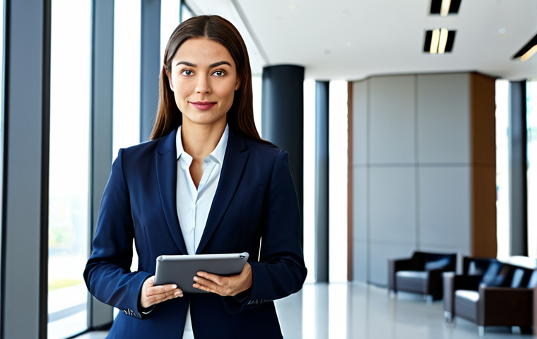 **Prompt:** A professional businesswoman in a modest business suit, standing in a modern office building lobby, holding a tablet, looking confidently at the camera, fully clothed, appropriate attire, safe for work, perfect anatomy, natural proportions, professional photography, high quality.